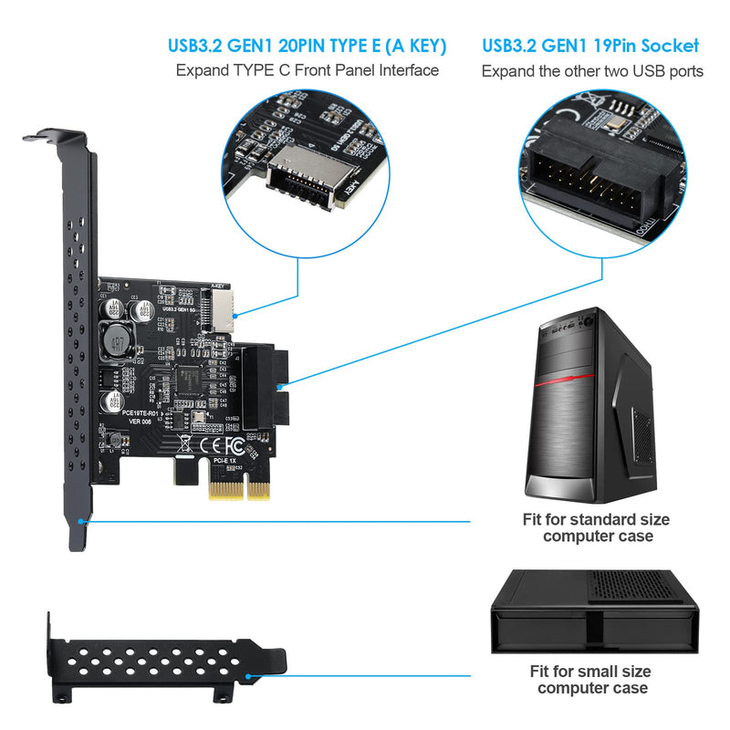 USB 3.2 GEN1 5Gbps Type-E (Key A) + USB3.0 19pin Front Panel Expansion Board, Compatible with XP/ WIN7/ WIN8 /Vista/ WIN10/ WIN11 32BIT/64BIT/ Linux.