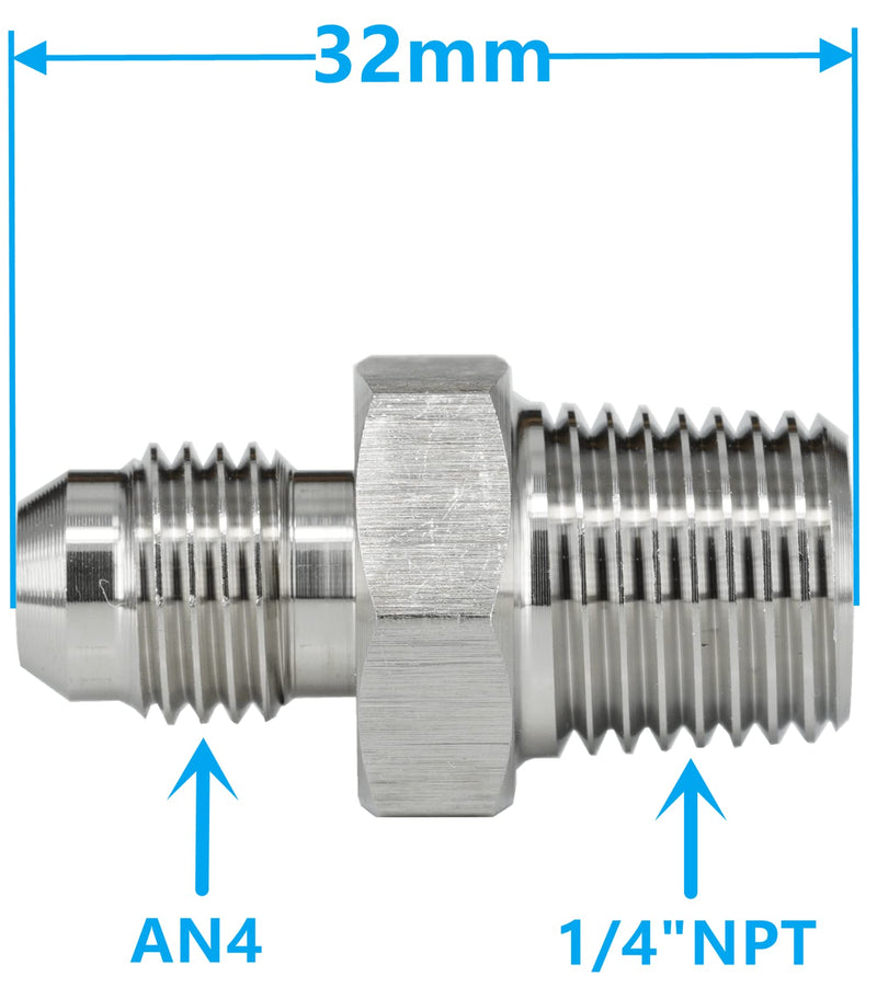 4AN AN4 Male Flare to 1/4 NPT Pipe Male Stainless Steel Brake Hose Fitting Adapter Union Connector,Brake and Clutch Adapter Fitting AN4-1/4"NPT