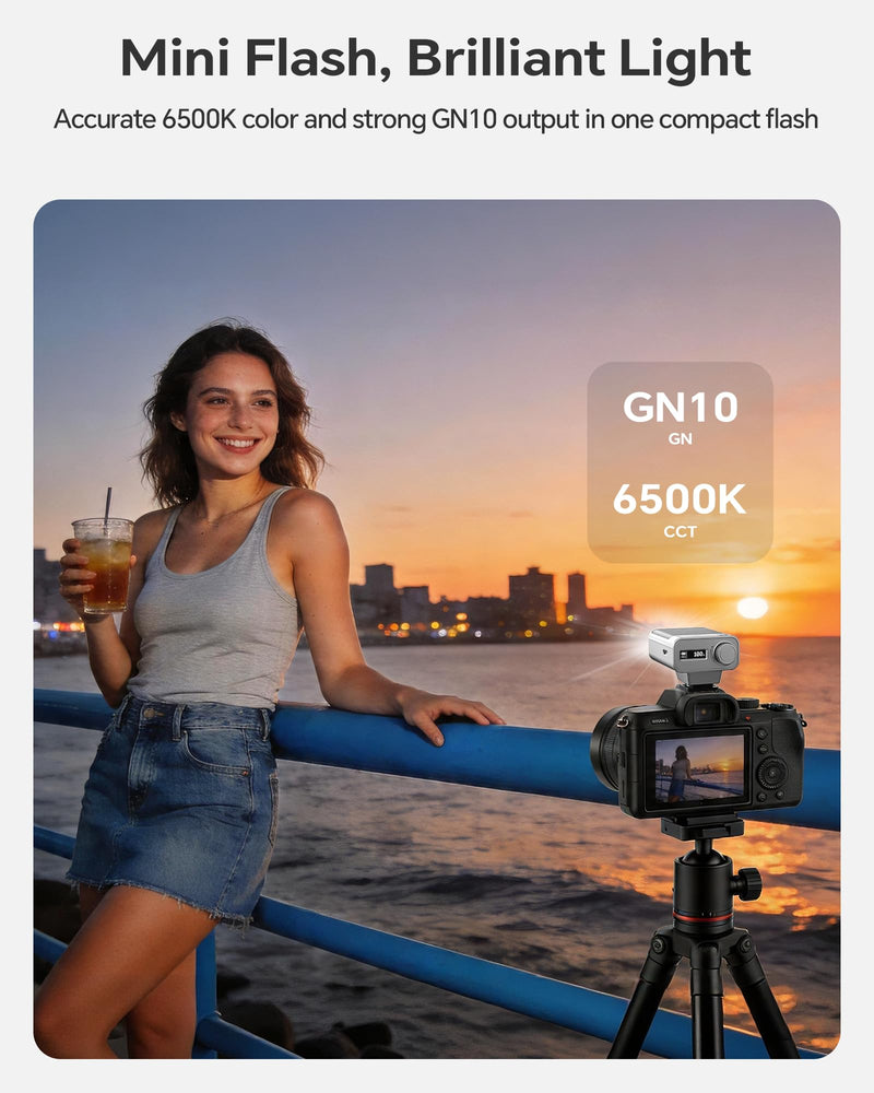 PHOTOOLEX G02 Mini Camera Flash GN10 45g USB-C Speedlite | Universal hot shoe. GN10 output. 6500K daylight color. 0.1s recycle. 45g pocket flash with USB-C fast charging