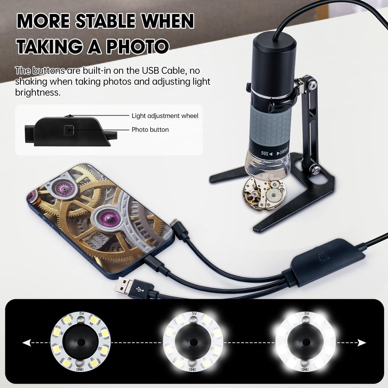 1080P USB Digital Microscope with Metal Stand, 50X-1000X Handheld Microscope Camera with 8 LED Lights Compatible with iPhone/Android/Windows/Mac Black