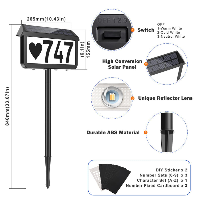 Brightever Solar Address Signs, House Number for Outside Waterproof, 3-Color LED Illuminated Address Plaques with Stake, Wall Mounted Solar Powered Light Up Address Numbers for Houses, 1-Pack Black Pack of 1