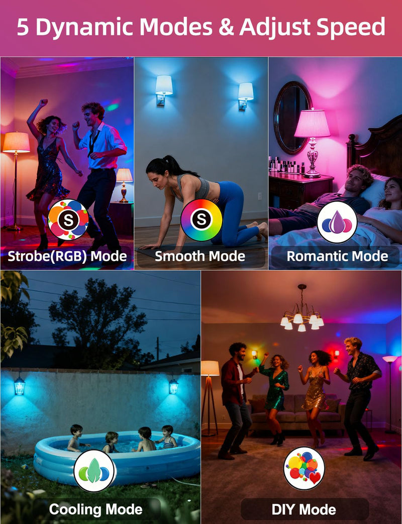 HEKEE Color Changing Light Bulbs E26, 40W Equivalent, 500LM, 3CCT, 9 Colors, 5 Dynamic Color Modes, Sleep Mode, Timer A15, 5W LED with 2 IR Remote Controls(6 Packs) 6 Pack