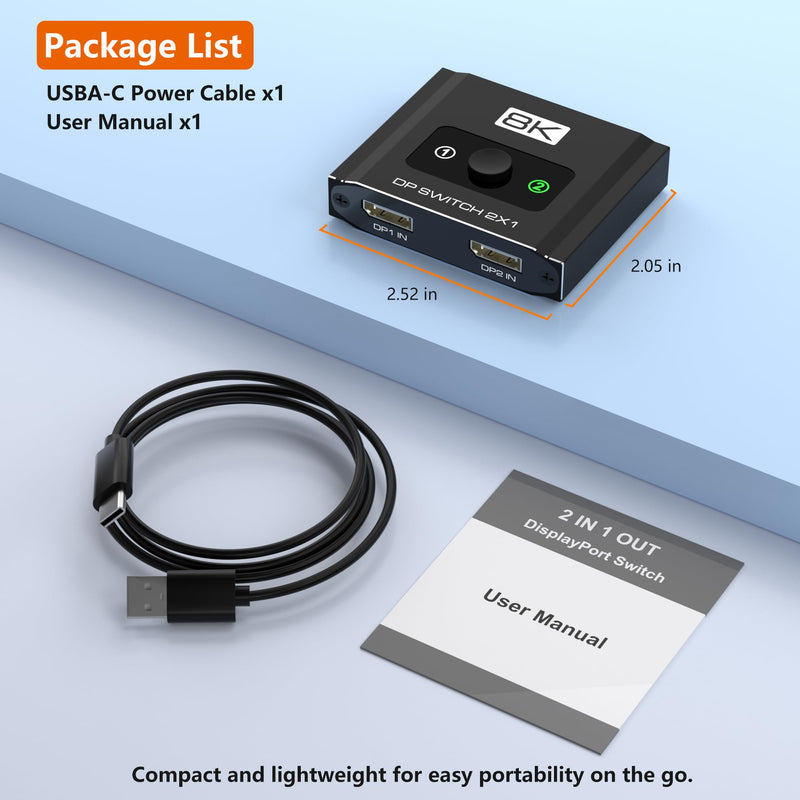 DisplayPort Switch 2 in 1 Out, 8K@60Hz DP 1.4 Switcher Selector Box, Unidirectional Display Port Switcher for Dual PCs & Gaming Consoles, 4K@144Hz DP Switch with DSC Support (DP Cables Not Included)