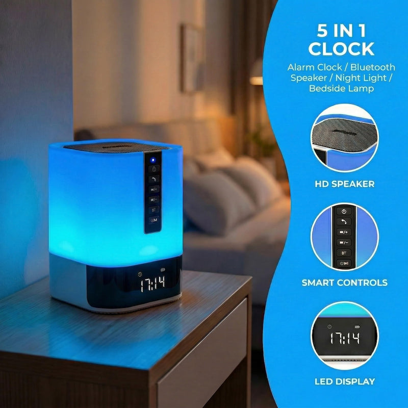 Night Light Bluetooth Speaker, 5 in 1 Touch Control Bedside Lamp Dimmable Multi-Color Changing, Bedroom Alarm Clock, Best Birthday Gift Ideas for 10 11 12 13 14 Year Old Teenage Girls/Boys