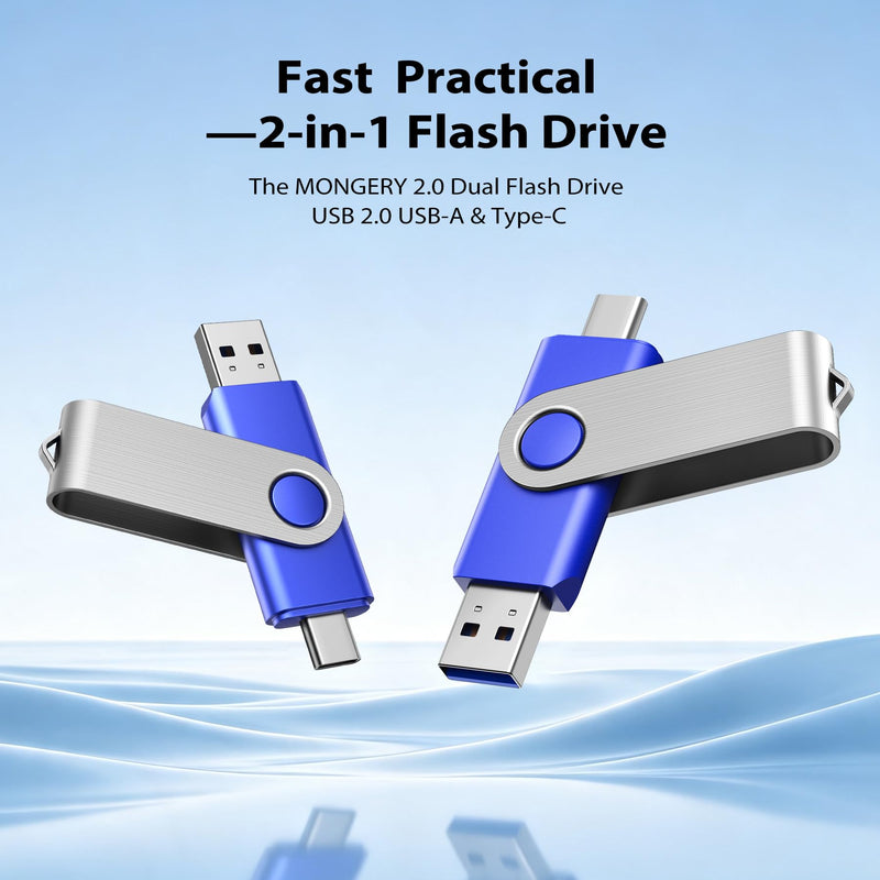 2-Pack 32GB USB-C & USB 2.0 Flash Drive for Storage, Blue 32GB-2pcs