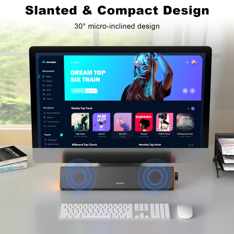 SOULION R50 Bluetooth Computer Speakers, 3.5mm PC Sound Bar for Desktop Monitor, Wired USB Powered & Colorful LED Lights with Switch Button, Surround Sound Soundbar PC Spearkers for Computer Dark Grey