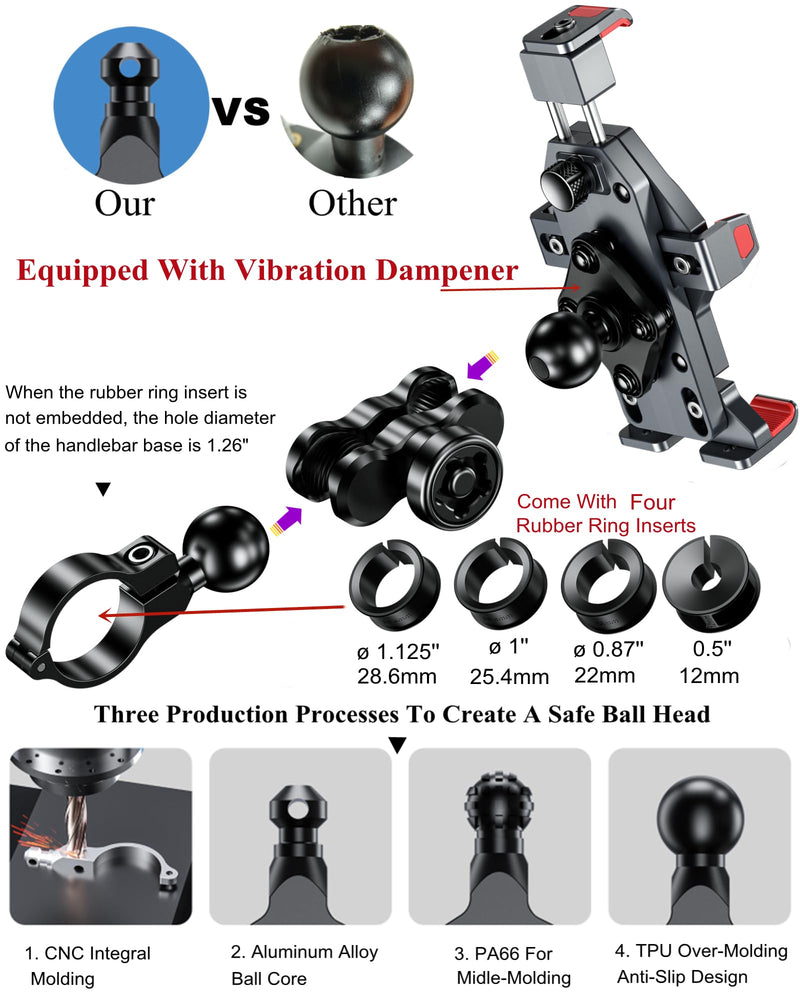 BRCOVAN Aluminum Alloy Motorcycle Phone Mount with Vibration Dampener & High-Speed Secure Lock, Anti-Theft Handlebar Cellphone Holder for Motorcycle Bike Bicycle Scooter ATV, for 4.7-7.2'' Smartphone BLACK