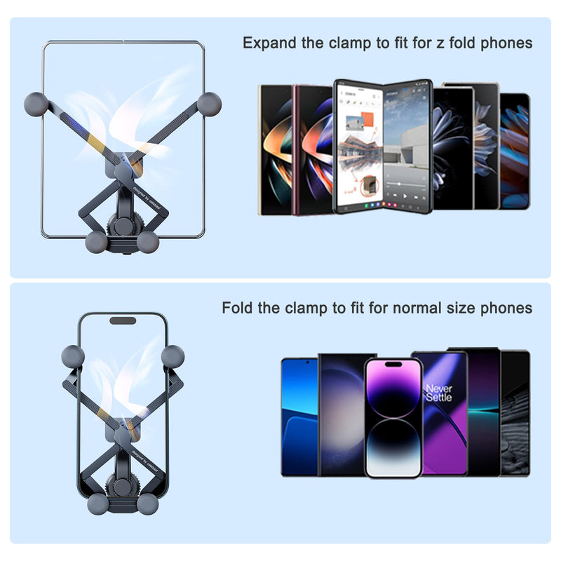 Z Fold 8 Car Mount Accessories, Gravity Linkage, Long Arm Vent Clip | Cell Phone Holder Mount for Z Fold 8 7 Pixel Pro Fold iPhone Android, 2 Forms Change, One Hand Operation, Thick Case Friendly