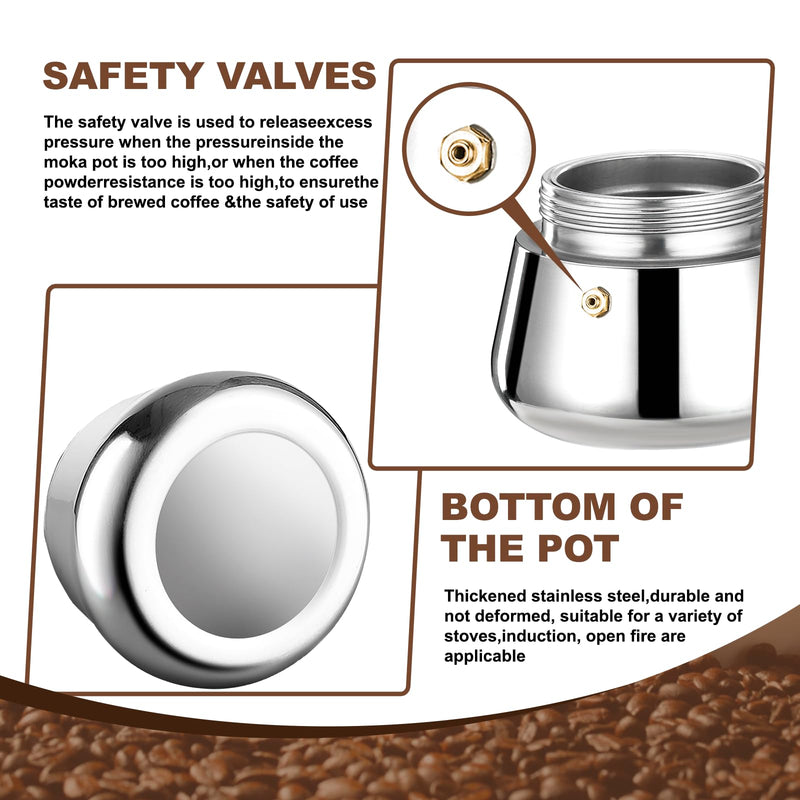 6 Cup Stovetop Espresso Maker Stainless Steel Moka Pot Stove Top Percolator Italian Coffee Makers Capable Mocha Greca Machine Cafe Classic Induction Cookers for Home and Camping 300ml 10oz 6 Cup