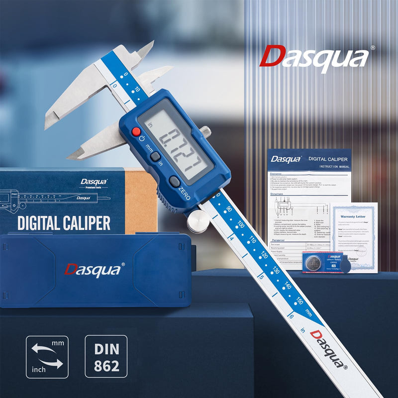 Dasqua 6”/150mm Digital Caliper, Stainless Steel Precision Measuring Tool with Advanced Dual Chip, Large LCD, Resolution 0.0005”/0.01mm, Accuracy ±0.001”/0.02mm 0-6"