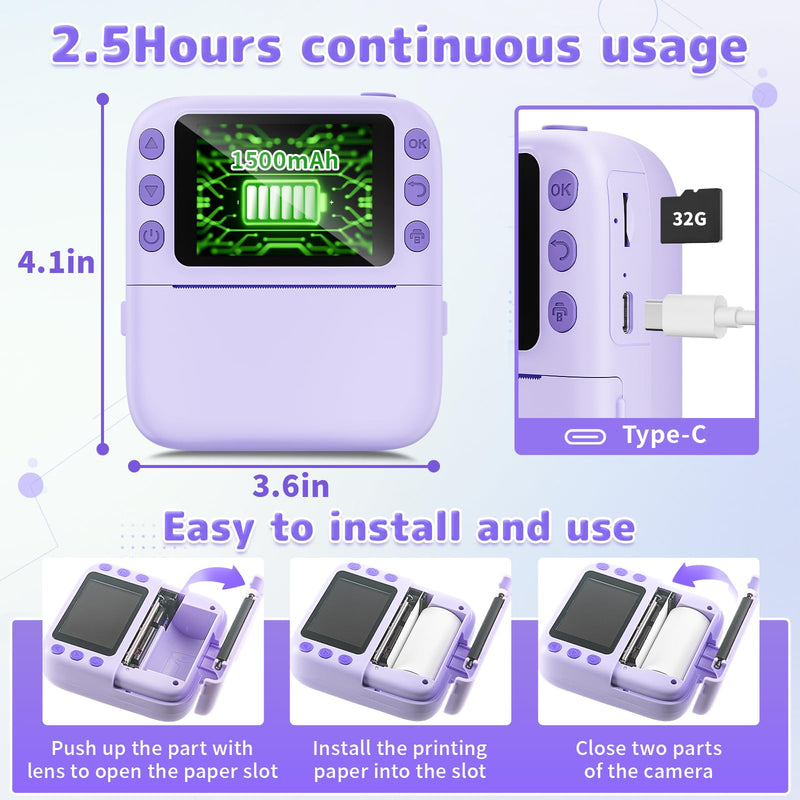 Instant Print Camera for Kids, Christmas Birthday Gifts for Girls Boys, 1080P Instant Digital Print Cameras for Toddler,Portable Toy for 4 5 6 7 8 9 10 Year Old Girl with 32GB SD Card，Purple Purple