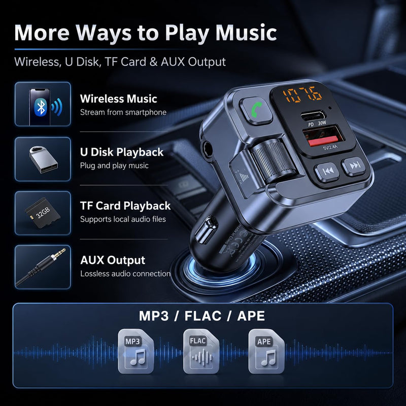 Bluetooth Transmitter Car Adapter, Cigarette Lighter Adapter | Car Charger USB & Type C PD 30W Fast Charging Wireless Music MP3 Player, Audio Receiver, AUX Output, Hands-Free Call