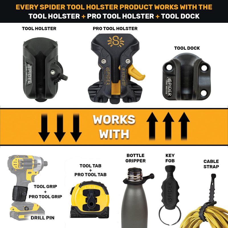 Spider Pro Tool Holster + Fall Prevention Tool Tether + 1 Pro Grip + 1 Drill Pin + 1 Adhesive Tab - Upgraded, Belt Mounted, Self Locking Holder System for Any Device