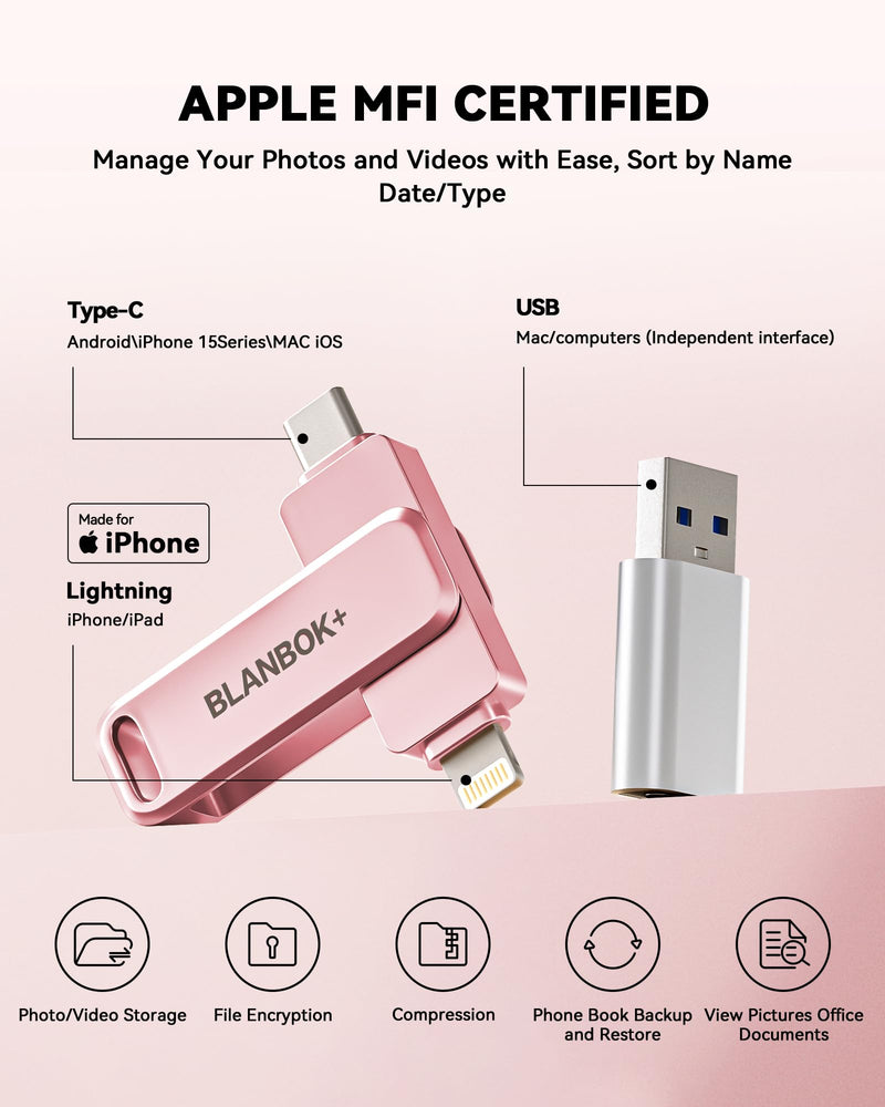 MFi Certified 256GB iPhone Photo Stick, High-Speed USB Flash Drive Memory Storage for Video Backup, Compatible for iPhone/iPad/Android/PC (Pink) Pink 256 GB