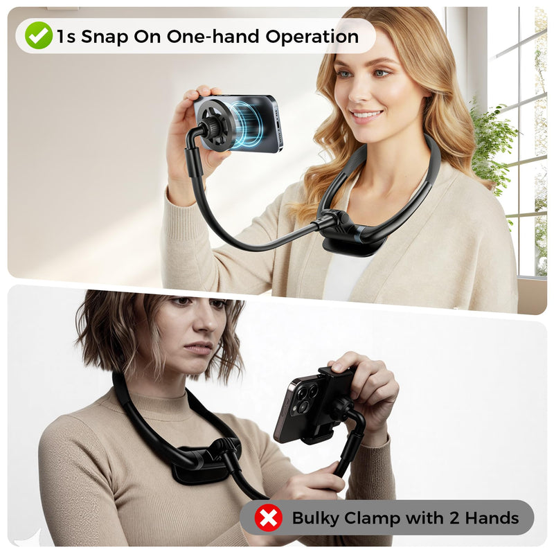 Magnetic Neck Phone Holder for Reading in Bed, One-Hand Operation Comfortable Lazy Cell Phone Mount for iPhone, Around Neck for Video Recording Watch Movies Black