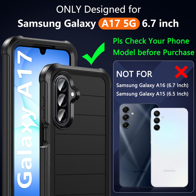 Hensinple for Samsung Galaxy A17 5G Phone Case with Screen Protector, Heavy Duty Military Shockproof Full Body Durable TPU Protective Cover Case for Samsung A17 5G (Black) Samsung A17-Black