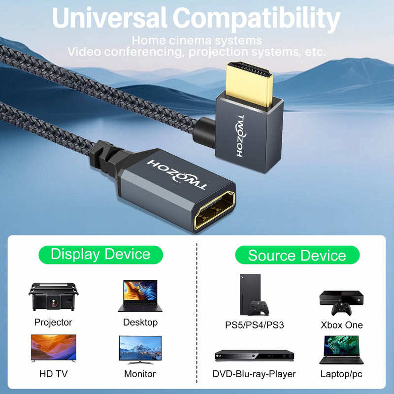 Twozoh HDMI Extension Cable 1.6FT, 90 Degree Right Angle Male to Female Cord, HDMI 2.0 Cable Adapter Support 4K@60Hz 3D HDR Right Angled 90° 1.6 FT