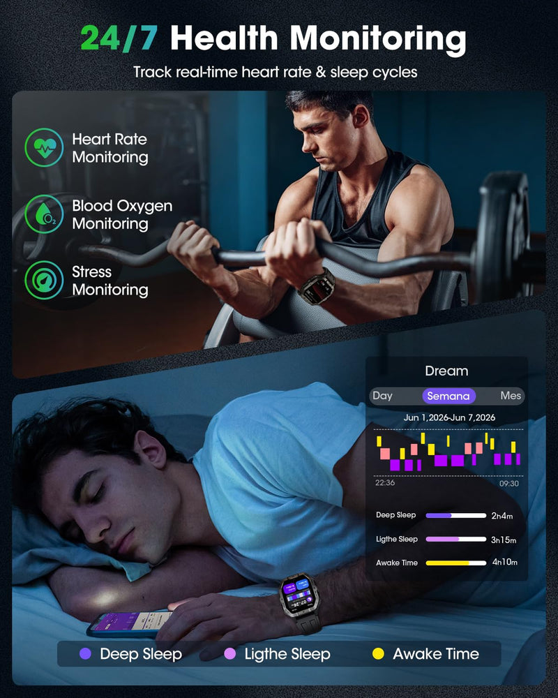 Military Smart Watch Built-in GPS,Bluetooth Calling, for iPhone & Android | 100+ Sport Modes for Men Fitness watch, Smartwatch with Heart Rate & Sleep Tracking, 2ATM Waterproof , Black 2.02"