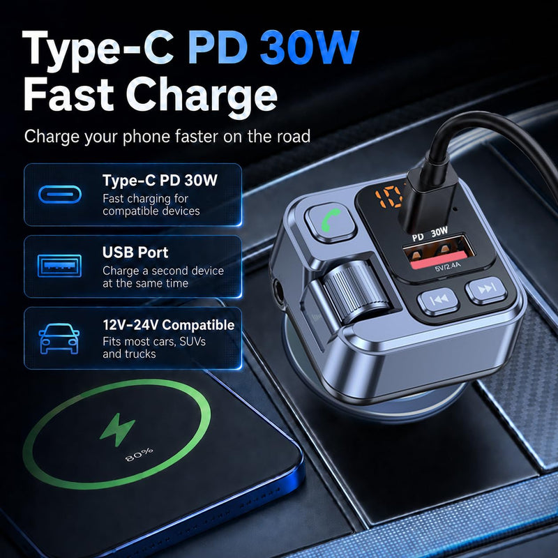 Bluetooth Transmitter Car Adapter, Cigarette Lighter Adapter | Car Charger USB & Type C PD 30W Fast Charging Wireless Music MP3 Player, Audio Receiver, AUX Output, Hands-Free Call