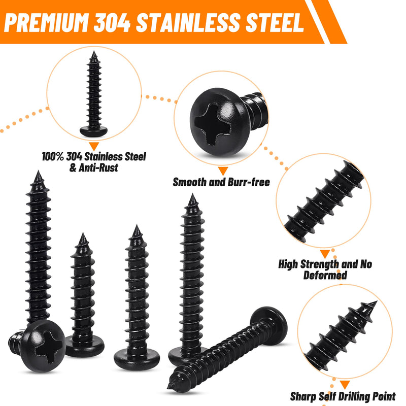 410 PSC Stainless Steel Black Screw Assortment Kit - #4#6#8#10 Phillips Pan Head, Self-Tapping for Wood & Metal 410PCS Black