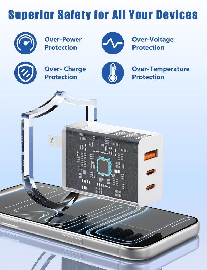 Susnwere 85W C Wall Charger Block for iPhone 17/16/15 Pro Max, 3port 100W USB C Fast Wall Charger Adapter Plug and 4Pack 6/6/10/10FT Long USBC Quick Charge Cable Cord for iPhone/ipad/MacBook Pro/Air (6+6+10+10)ft White