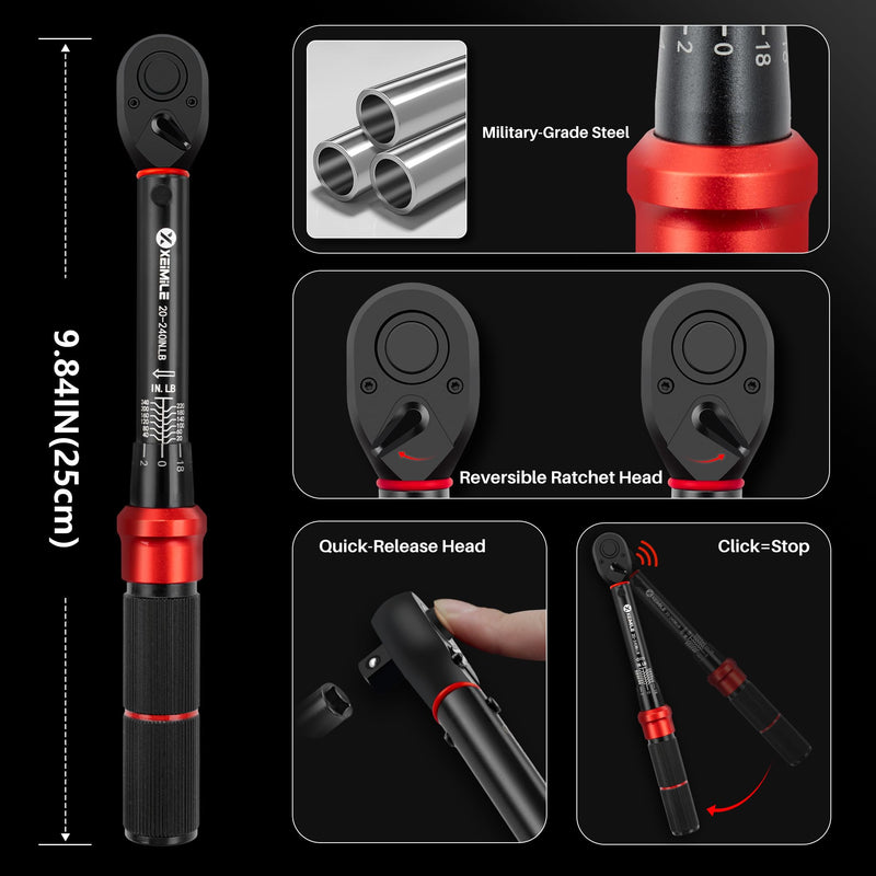 1/4-Inch Drive Click Torque Wrench - 20-240 In-Lb/2.3-27.1 Nm, Dual-Direction Adjustable 72 Tooth Torque Wrench with Dual Range Scales, High 3% Precision for Bike, Motorcycle and Car Repair 1/4"DR. 20~240 IN-LB