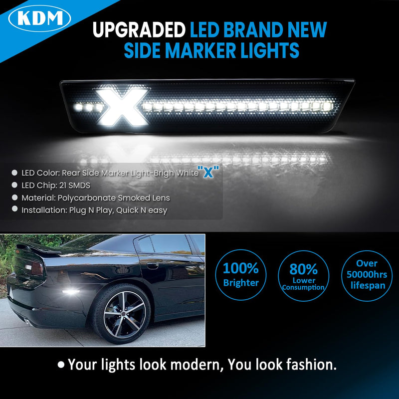 KDM X-Style Smoked Len LED Fender Side Marker Reflectors Lights Fit for 2008-2014 Dodge Challenger,2011-2014 Charger,Rear Bumper Marker Lamp Assembly Bright White,2Pack[Patent Pending] 11-14 Dodege Charger