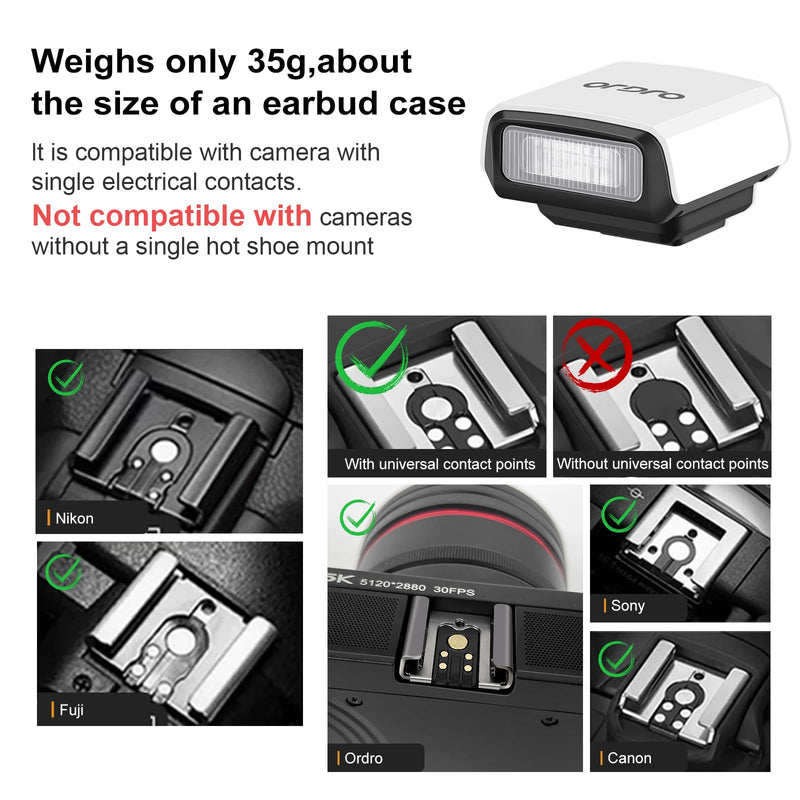 ORDRO FL-10 Mini Camera Flash Camera Flash Speedlite for Fuji/Sony/Nikon/Canon, Digital Film Cameras, Portable Mini hot Shoe Flashlight for DSLR Cameras (White)