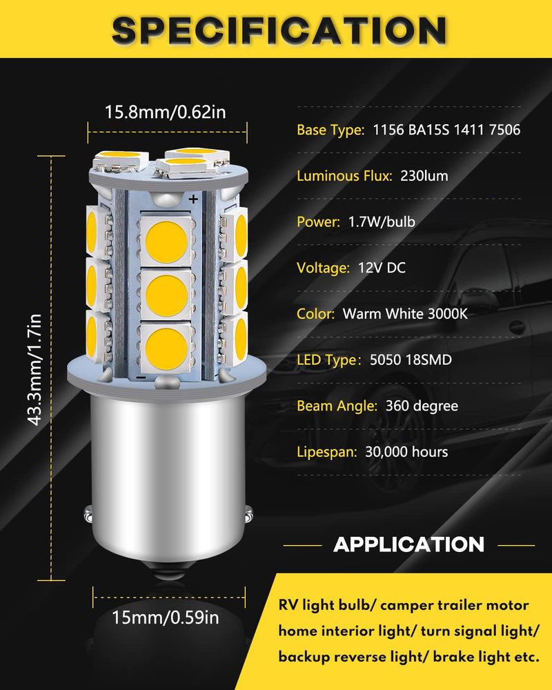 Qoope 1156 LED Bulb Warm White 1141 LED Bulbs RV Light Bulbs Interior 1073 7506 1003 BA15S Bulb for 12V Camper Travel Trailer Boat Motorhome Interior Lights, Pack of 10 10PCS