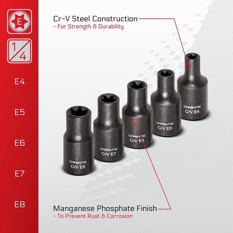 CARBYNE 13-Piece External Torx (eTorx, Female Torx) Socket Set, E4 to E24 | Chrome Vanadium Steel, 1/4, 3/8 & 1/2 inch Drive • From a Family-Run Tool Company Based in the U.S.A.