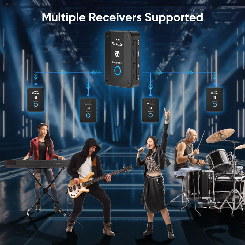 Ueteto Wireless in Ear Monitor System 2.4G Stereo IEM System with Transmitter Beltpack Receiver Automatic Pairing, for Studio, Band Rehearsal, Live Performance Transmitter and Receiver-NEW