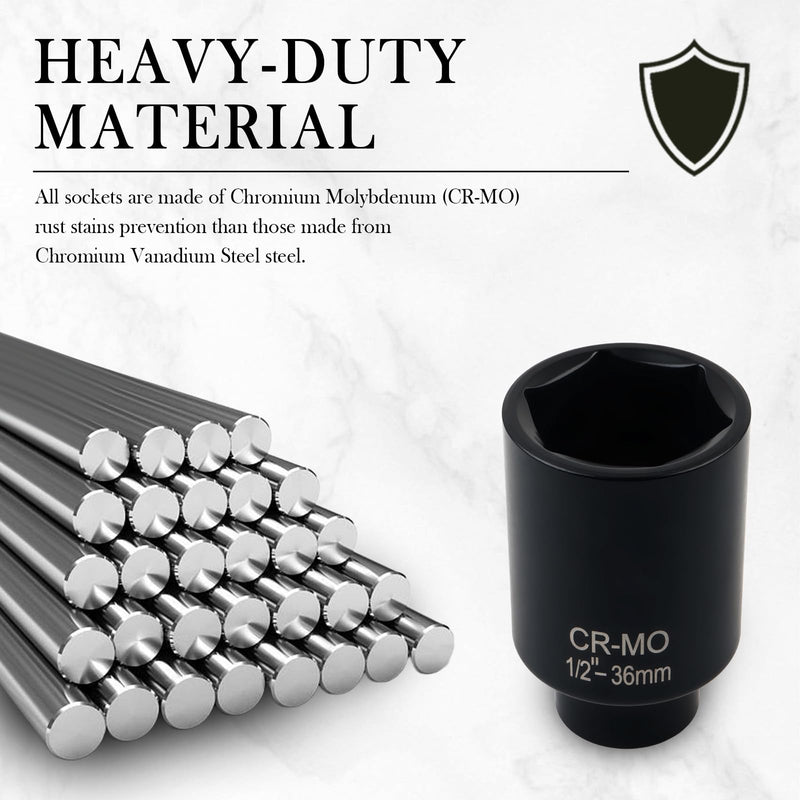 36mm Socket 1/2 Drive with 6 Point Design,Anti-Rust Axle Nut Sockets Set for Quick Shaft Nut Removal,Professional Deep Impact Socket Set 1/2 Drive Essential Car Tools (36mm) 36mm
