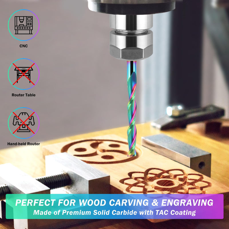 Upcut Spiral Router Bit Extra Long 4 Inch Overall Length, 2 Inch Cutting Length with TAC Extreme Tool Life Coated, Carbide Up Cut CNC Router Bits for Wood Carving Tools 1/4" Dia - 2" CL -1/4" Shank