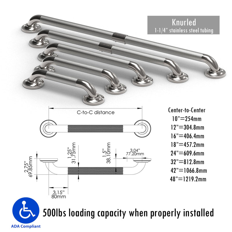 Grab Bar with Knurled Anti-Skid Grip, ADA Compliant 500lbs Supporting, Stainless Steel Brushed Nickel (12in, 1PK) 12in Chrome (Polished Nickel)