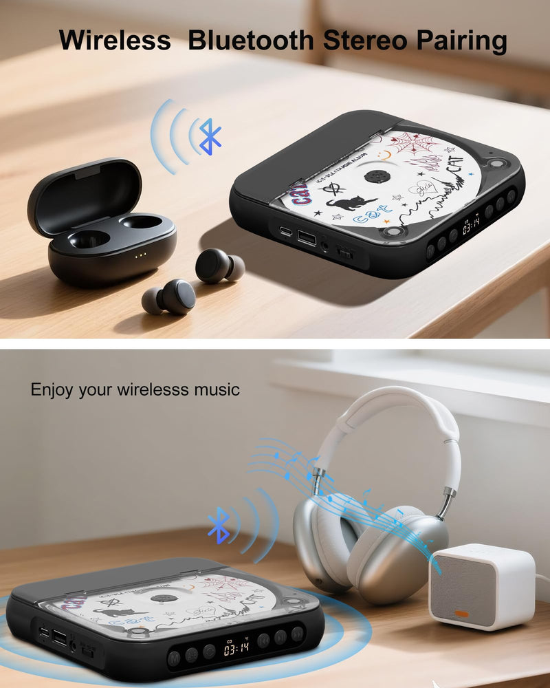 ENVYCLOUD CD Player Portable with Dual Stereo Speakers, Rechargeable Portable CD Player with Bluetooth for Home with Headphones,Black black