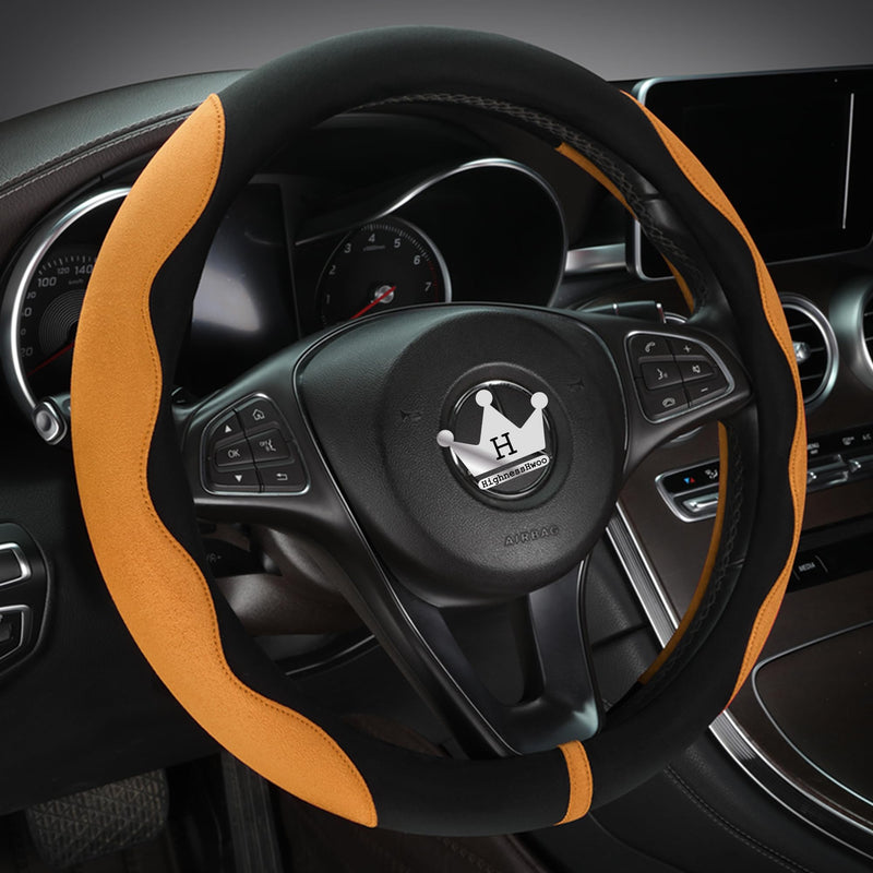 Luxury Suede Steering Wheel Cover for Cars, Soft Leather Padded Wheels Cover for Sedan, SUV, Thin Car Handle Cover, Universal Fit, Anti Slip, 14.75-15.15in, Orange Orange+Black Standard Size[14.75-15.15"](37.5-38.5cm)