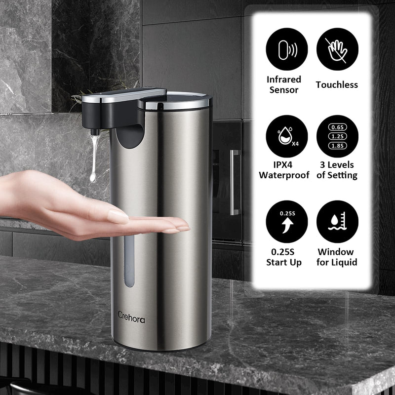 Automatic Soap Dispenser, Automatic Liquid Soap Dispenser Touchless, 12oz/340ml, 3-Level Adjustable, Battery Operated, Water-Resistant for Bathroom, Kitchen, and School, Clog-Free, Stainless Steel Chromed & Stainless Steel