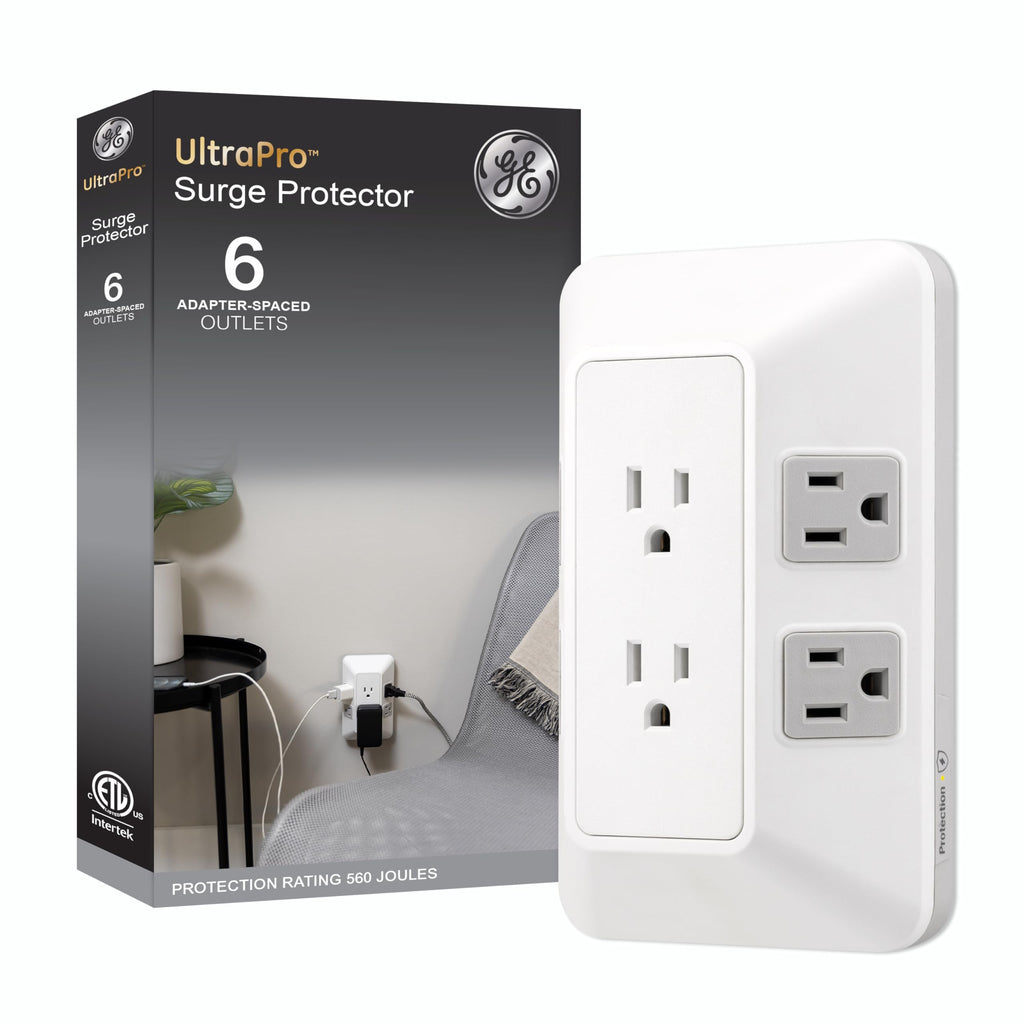 GE 6-Outlet Surge Tap, Outlet Extender, Wall Tap, Adapter Spaced, for Home, School, or Office, 560J, White/Gray - 73602