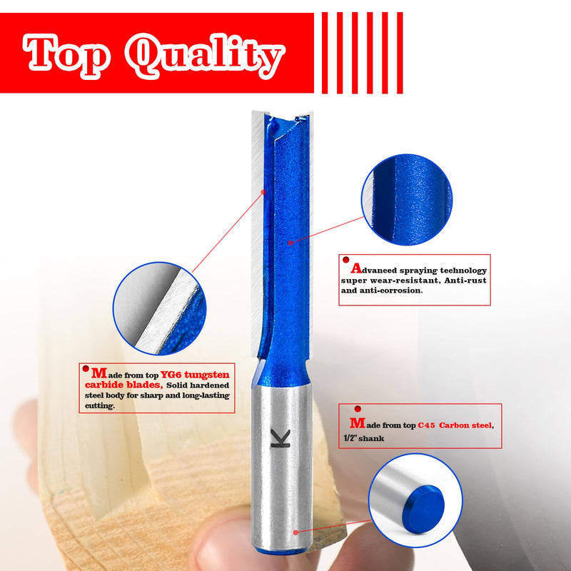 3Pcs Extra Long Straight Router Bit Set 1/2 Shank, Carbide Tipped Double Flute Straight Bit Dado Straight Cut Router Bit for Woodworking, 2",2-1/2",3" Cutting Length,1/2" Cutting Dia. 1/2" Dia. - 2", 2-1/2", 3" Lengths - 1/2" Shank 3 Piece Set