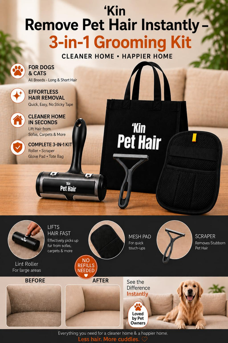 'Kin Pet Hair – Ultimate Pet Hair Removal Kit | Reusable Pet Hair Roller, Hair Removal Glove & Scraper for Dog & Cat Hair from Sofas, Carpets, Furniture & Car Interiors | Complete reusable pet hair remover kit with roller, glove, scraper and cotton sto...