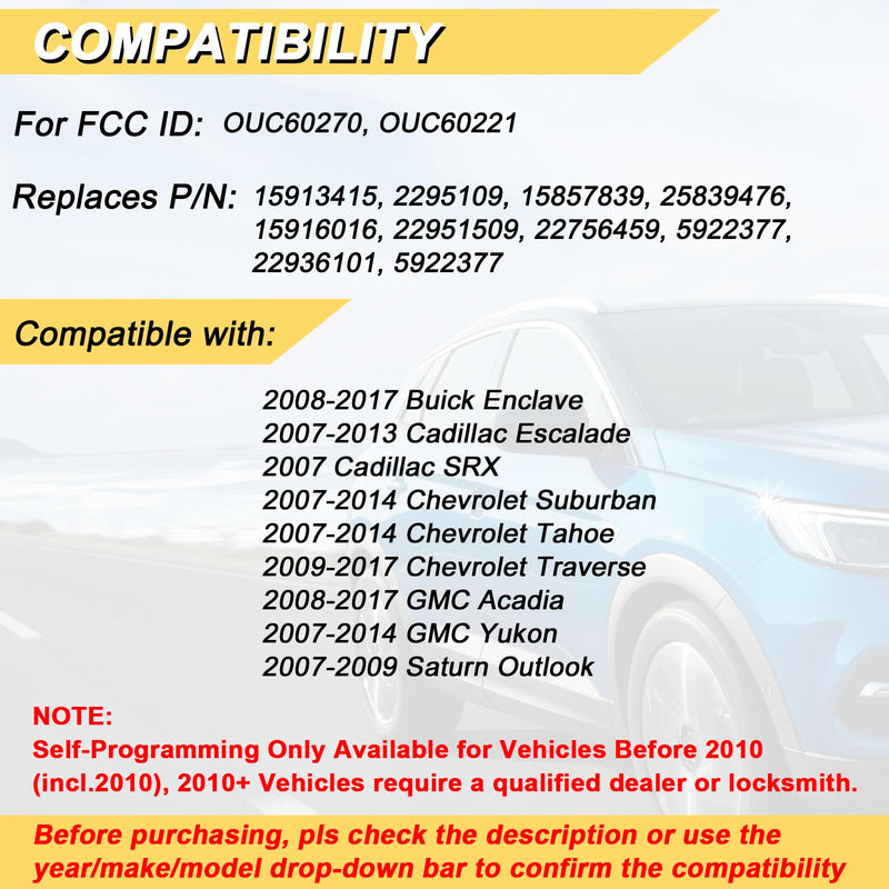 Key Fob Replacement for 07-14 Chevy Suburban Tahoe/ 09-17 Traverse/ 07-14 GMC Yukon/ 08-17 Acadia Buick Enclave/ 07-13 Escalade Car Keyless Entry Remote Control,OUC60270 OUC60221,2Pcs