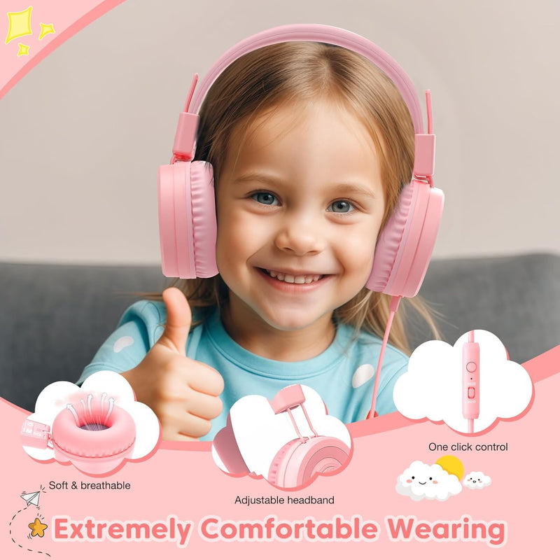 USB C Kids Headphones for School, Upgrade USB Type C Kid Headphone | 94 dB Volume Limiter Wired On-Ear Headset for Kids/Toddlers/Children/Teens/Boys/Girls-Pink
