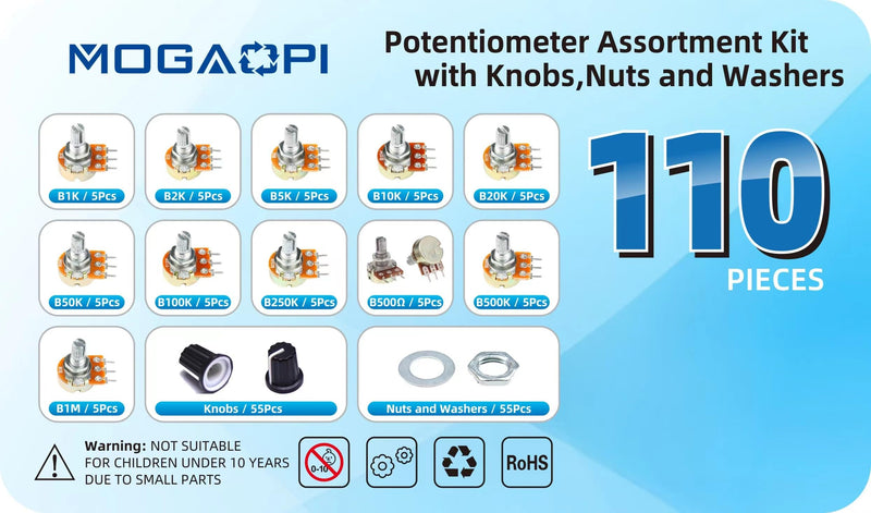 110Pcs Potentiometer Kit, Potentiometer Knobs, 11 Values 500 1K 2K 5K 10K 20K 50K 100K 250K 500K 1M Ohm Potentiometers Assortment Kit, 3 Pin Terminals Potentiometer with Cap Nuts and Washer