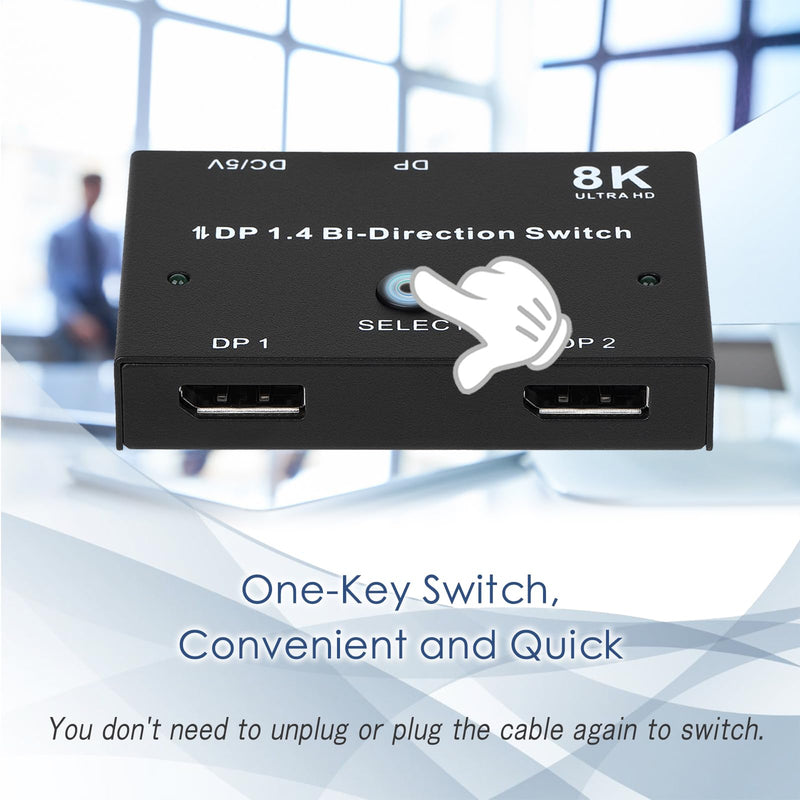 8K DisplayPort Switch Splitter DP 1.4 Bidirectional Switcher Support 8K@30Hz 4K@120Hz 2 in 1 Out or 1 in 2 Out Compatible with PC/HDTV/Projector/Monitor etc