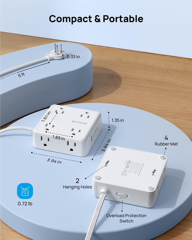 TROND Surge Protector Power Strip, 5ft Flat Plug Extension Cord, White | 8 Outlets & 4 USB Ports(3 USB C), 1625W, 1440J, Wall Mount Outlet Extender for Home Office Dorm Room Essentials