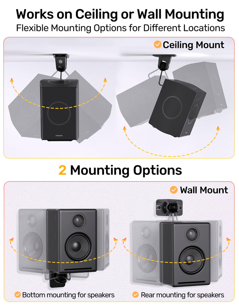 Surround Sound Satellite Speaker Ceiling Wall Mount, Swivel & Tilt, 2-Pack | Max 11 lbs Load, Fits M4/M5, 1/4-20 Mounting, 360° Rotatable Ball Joint, for Samsung Q990D Q990F, Roku and More Rear Speakers