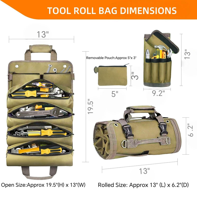 Tool Bag Roll Up Portable Tool Roll Organizer-Gifts Dad Roll-Up Tool Bag Pockets for Wrenches, Sockets & Hand Tools for Mechanics & Electricians Handyman Khaki