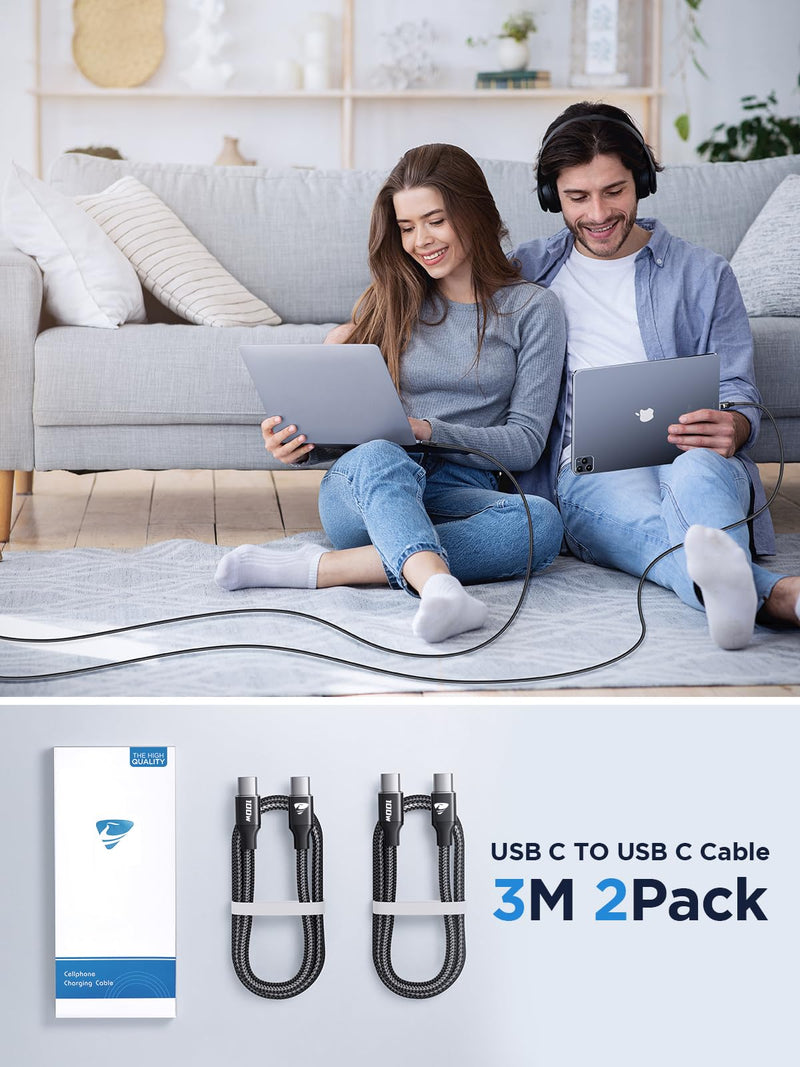 Aioneus USB C to USB C Cable 2Pack 10ft Fast Charging C to C Charger Cord | 100W USBC to USBC Cable, Extra Long Braided Nylon, Compatible with iPhone 17/16/15 ProMax/iPad/MacBook,Samsung Galaxy S26 S25 Black 2