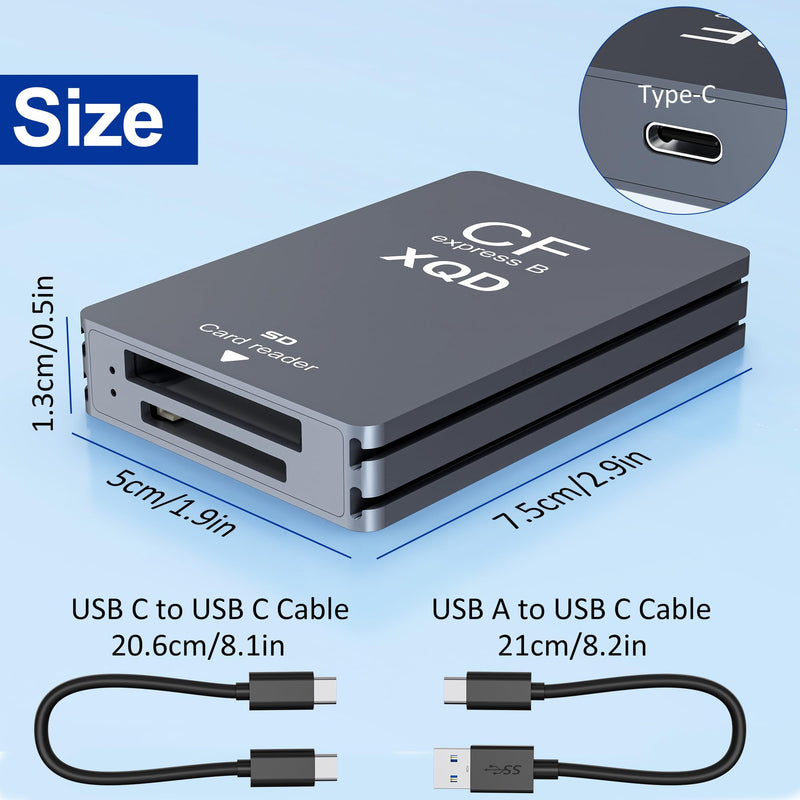 CFexpress Type B/XQD/SD Card Reader, 10Gbps USB3.2 Gen2 3-in-1 Aluminum CFexpress Type B Card Adapter SD/XQD Card Reader with USB C/USB-A Cable for Thunderbolt 3/4 for Photographers & Videographers