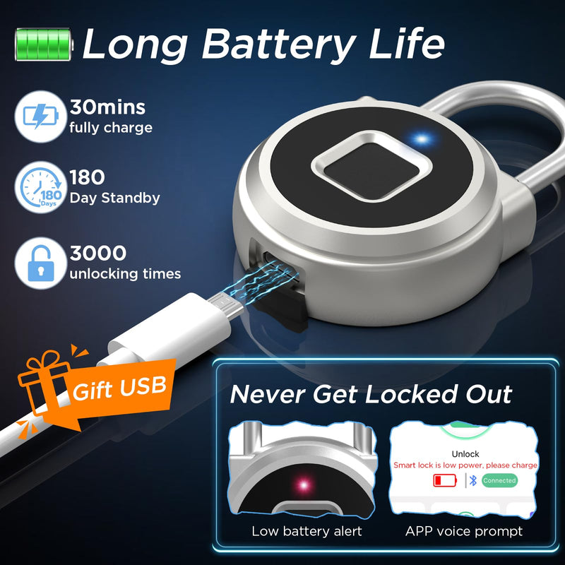 Fingerprint Lock, Dhiedas Gym Lock, Bluetooth Lock, Small Fingerprint Padlock with Keyless, Weatherproof Smart Lock for Gym Locker School Suitcase Cabinet Luggage Storage and Fence Silver 1'' shackle